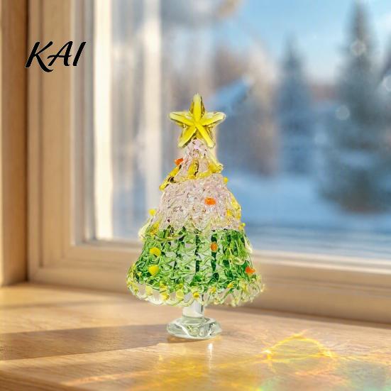 Holiday Desktop Decorations Hand Blown Glass Christmas Tree Figurine, Mini Tabletop Small Gifts Xmas Ornament, Handmade Decoration Handcrafted Art