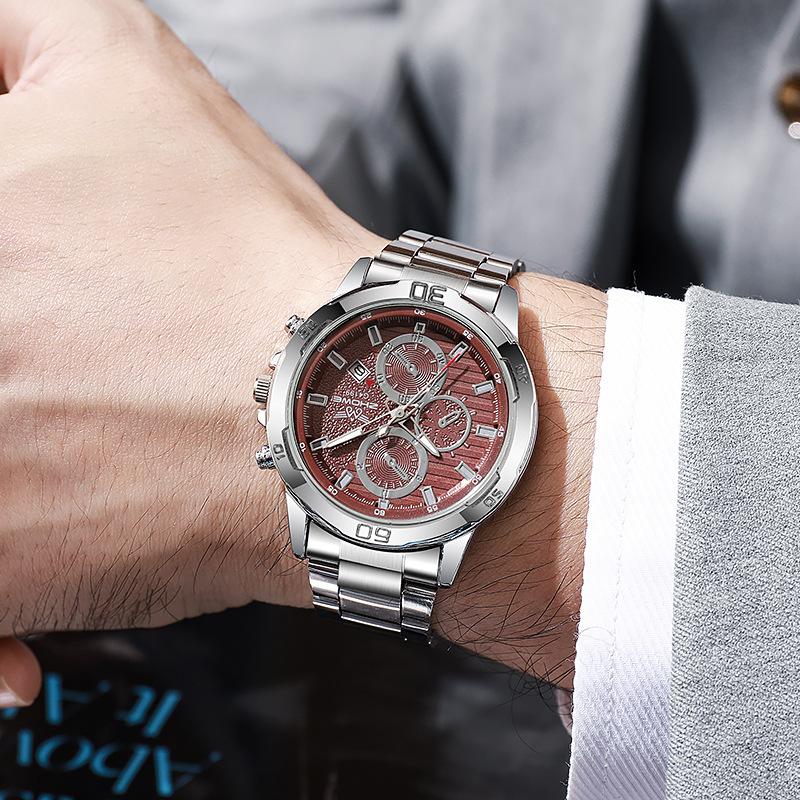 Fashion Casual Business Alloy Steel Belt Silver Scale Decorative Three-Eye Calendar Men'S Quartz Watch