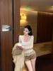 Women's Slim Fit Lace Patchwork V-Neck Long Sleeve Waist-Cinching Apricot Top - Autumn/Winter