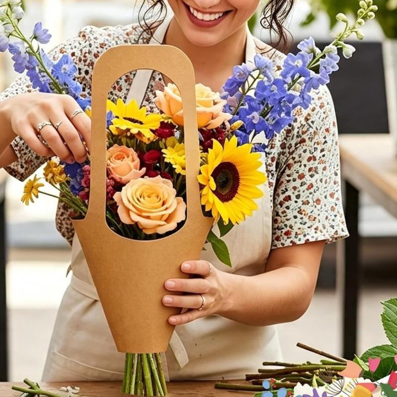 Flower Arrangement Bags with Top Handle, 12 Brown Paper Bouquet Wrap Bag for Carrying Flower, Packaging Party Favors, and Birthday, Wedding
