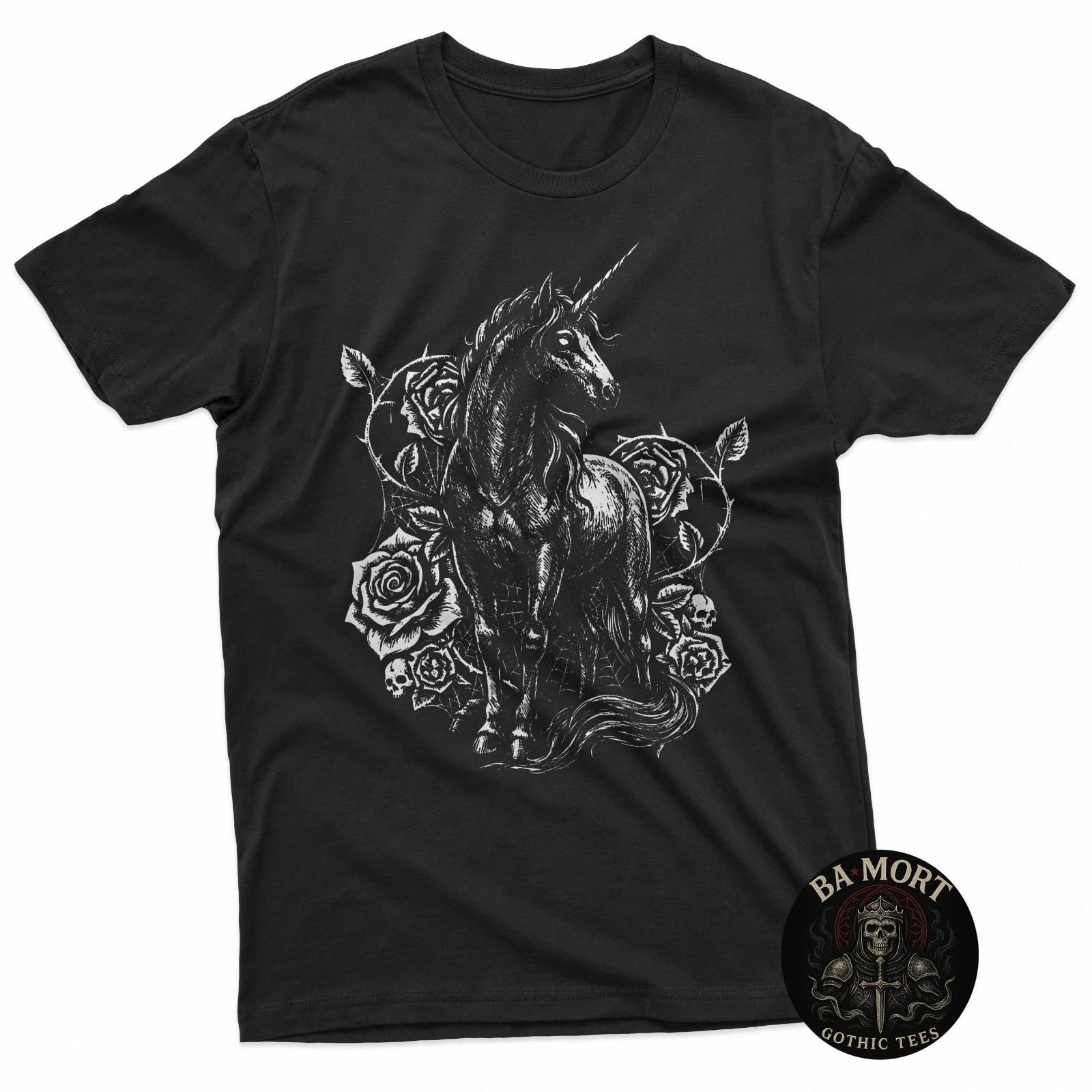 Gothic Unicorn Black Roses Skulls Goth Fantasy Aesthetic Emo 100% Cotton T-shirt Mens Tees Top L