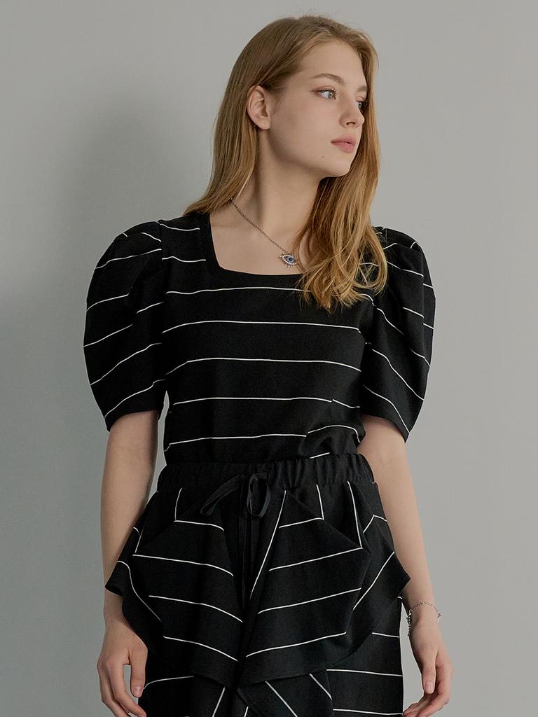 MUSE BY ROSE Peris Striped Puff Sleeve Top (Black)