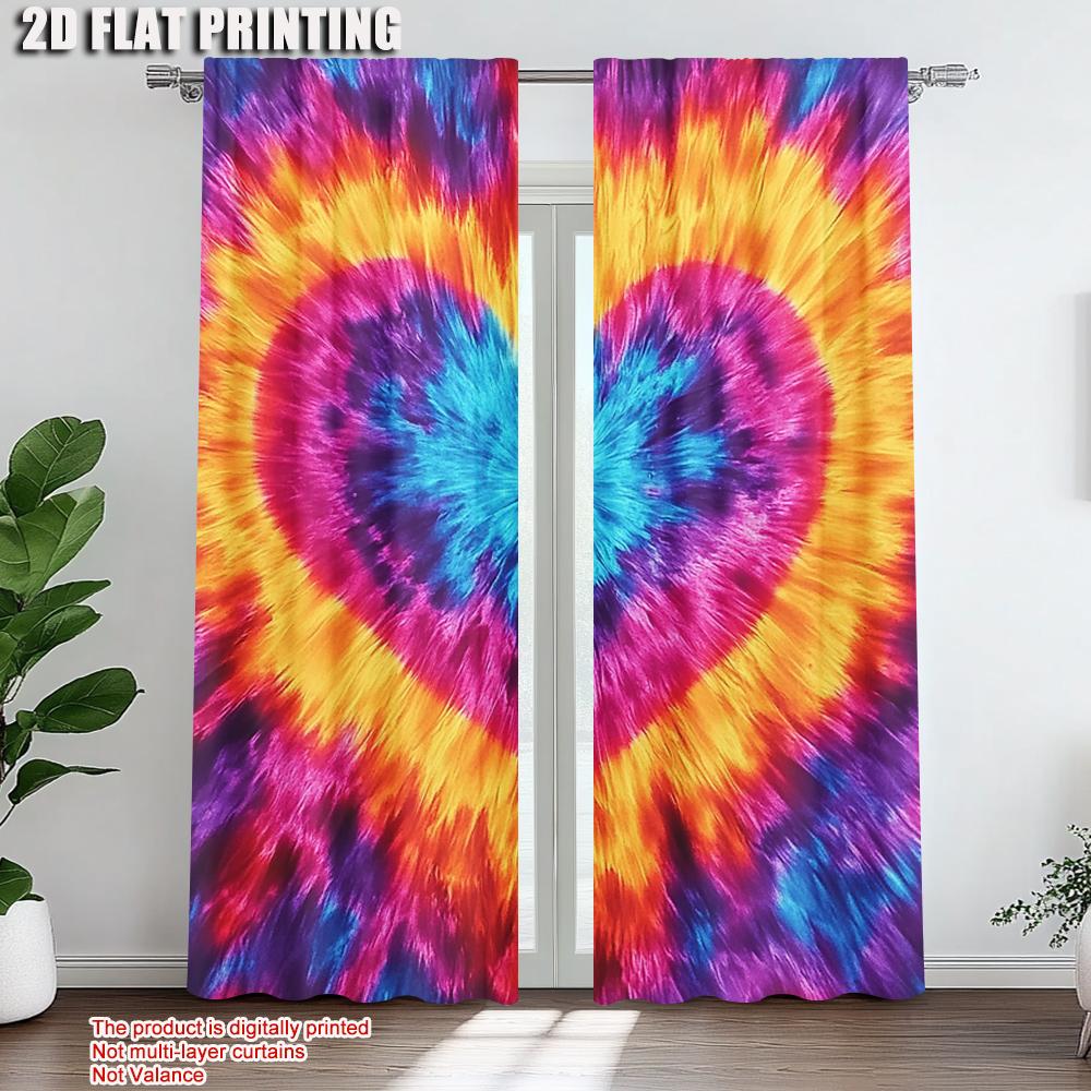 2Pcs Contemporary Polyester Material Tie Dye Heart Window Curtains Rod Pocket Window Drapes For Bedroom Living Room Study