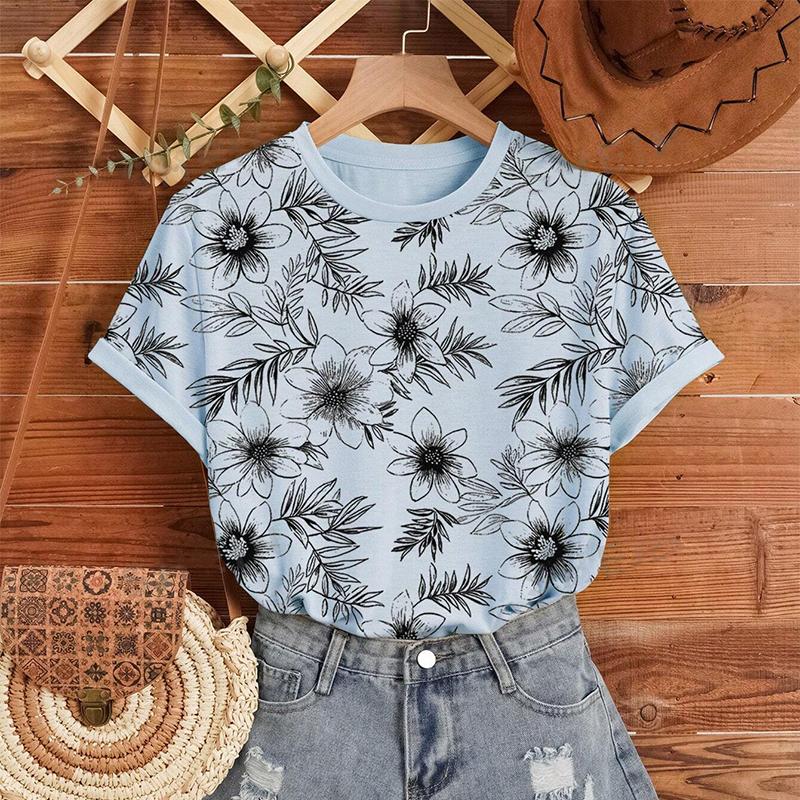 Fashion Women Creative Line Flower Print T Shirt Funny Casual O-neck Short Sleeves T-shirt Summer Female Tee Shirt