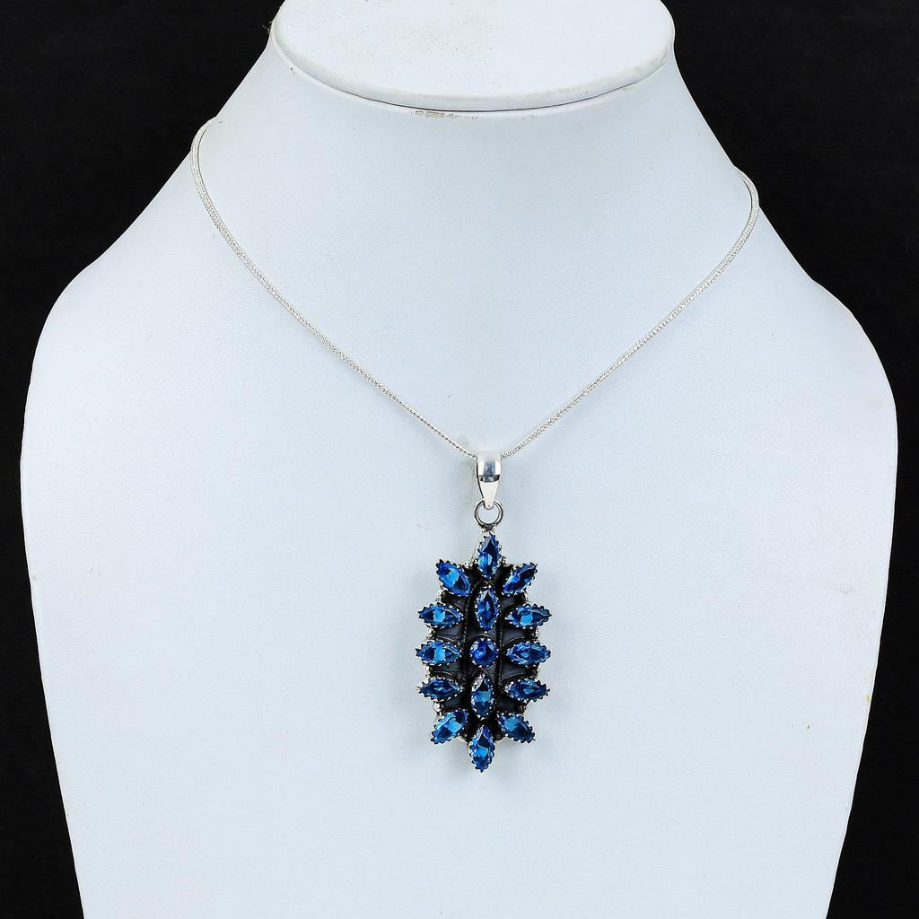 Schweizer Blautopas Edelstein Handgefertigt 925 Sterling Silber Elektroform Blume Halskette, Schweizer Blautopas Silber Für Ehefrau Unisex Anhänger Geschenk