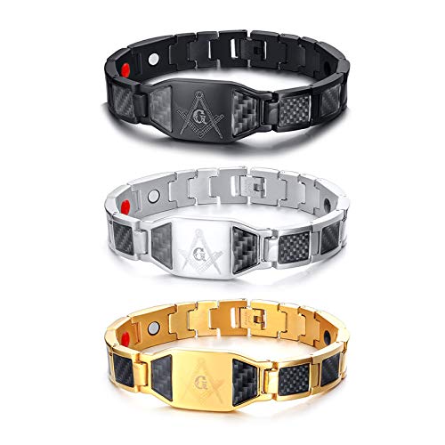 Rockyu Men's Titanium Magnetic Bracelet with Black Plate, Engraved Freemasonry Germanium Bracelet, Metallic Look (White)