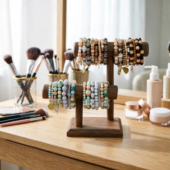 Jewelry Rack Solid Wood Jewelry Holder with Double-Layer T-Shaped Design Display Stand for Necklaces Bracelets Watches