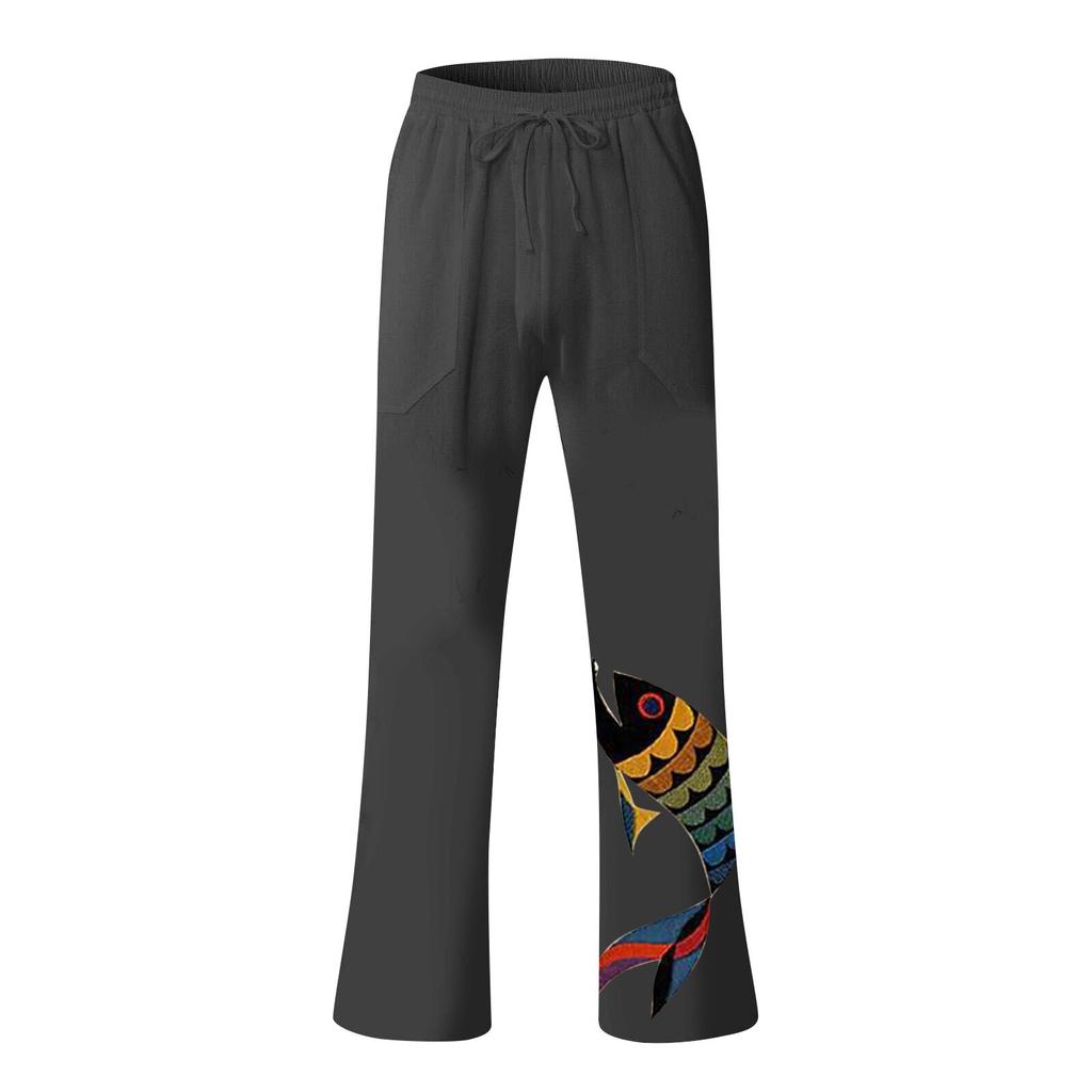 Men's Loose Casual Color Cotton Linen Trousers Elastic Tie Printed Straight Pants