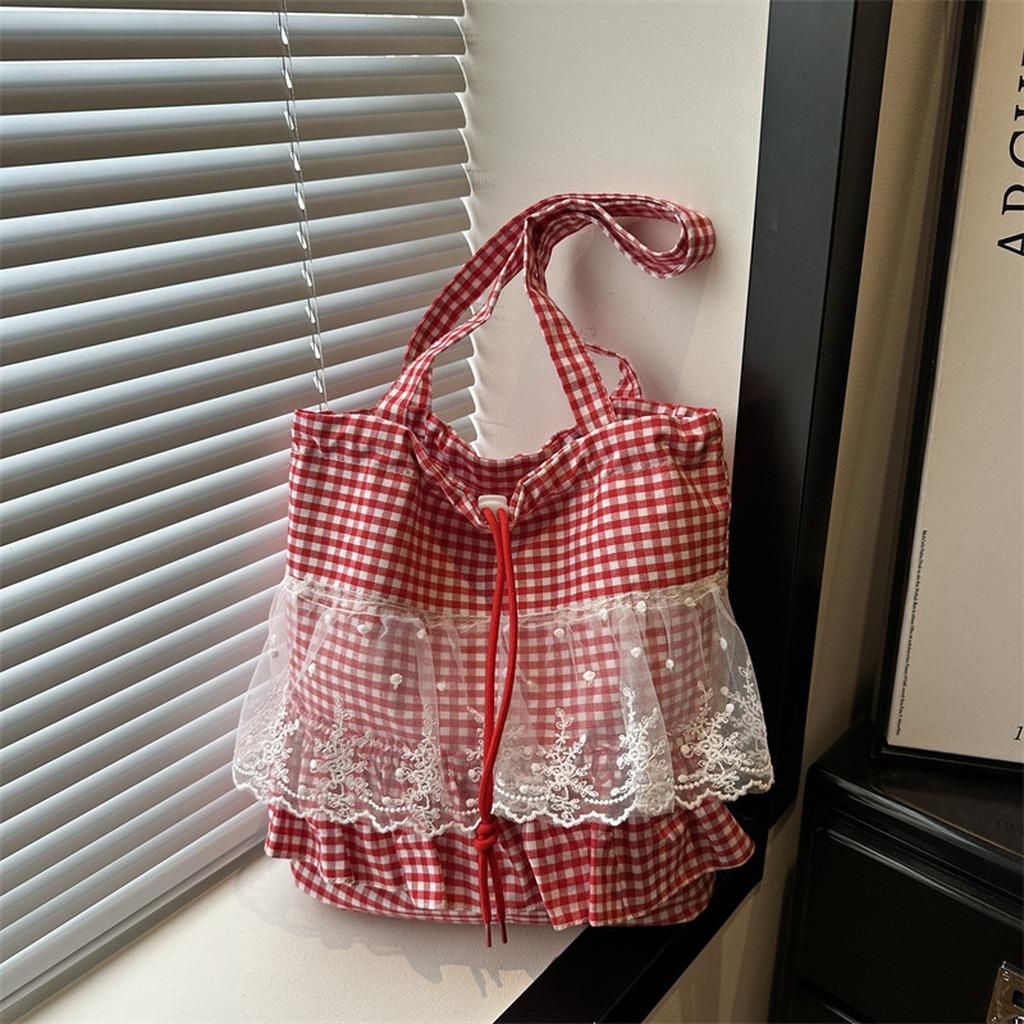 Check Pattern Tote Bag Lace Trim Street Daily Bag Multi-Way Shoulder Bag Large Capacity Large Capacity Handbag For Daily School