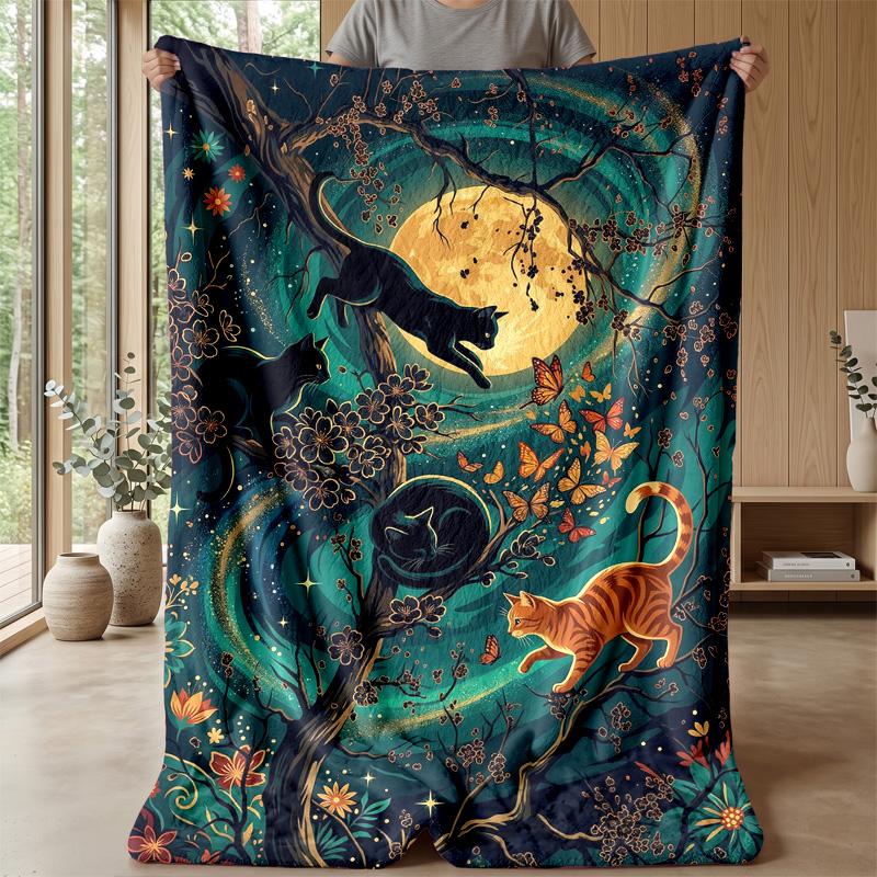 Neon Cats In Space Theme Blanket Lightweight Warm Flannel Blanket Decorative Throw Blanket for Home Decoration