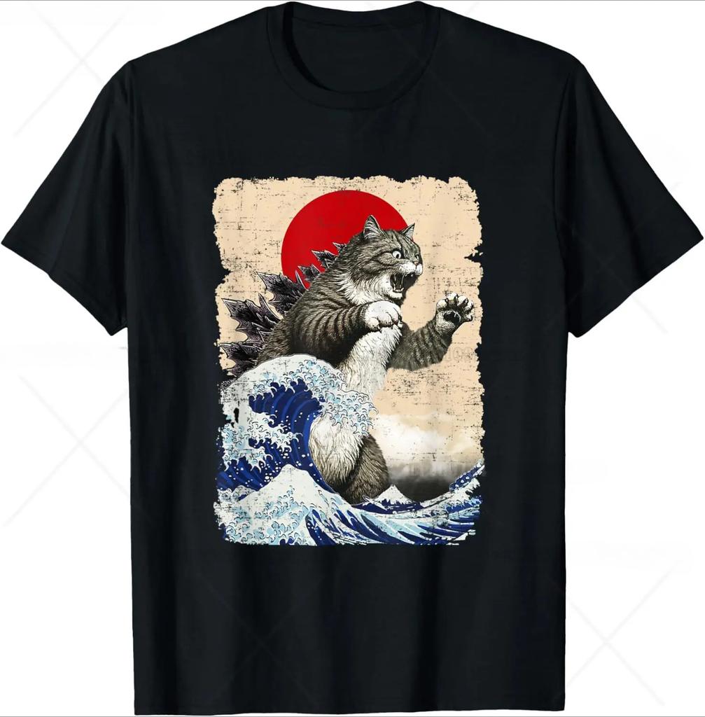 Funny Cartoon Comic Style Japanese Art Catzilla Cat Gifts for Women TShirt Unisex Cotton Oneck Tee Top Fashion Fitness T Shirt