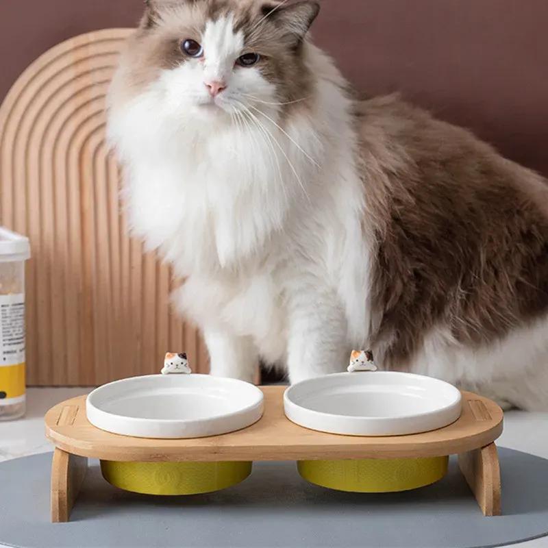 Cartoon Pets Double Bowl Dog Cat Food Water Feeder Stand Raised Ceramic Dish Bowl Wooden Table Pet Supplies Cat Bowls