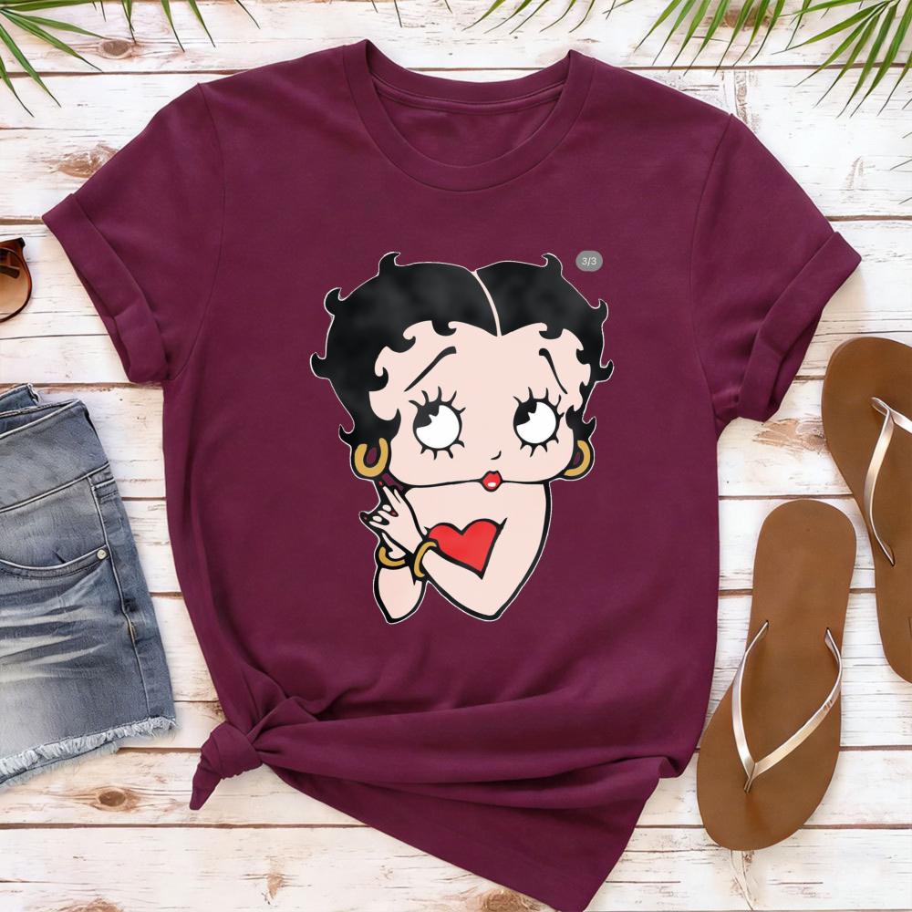 Betty Boop with Pudgy Dog Shirt Vintage Women Summer Cotton Short Sleeve Retro Cartoon Girl Graphic Printed Casual Daily Outfit