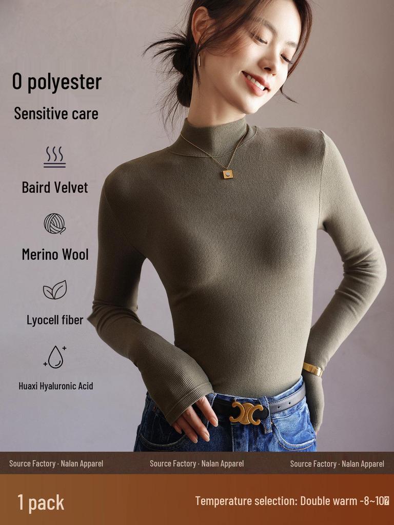 Women's Black Fleece-Lined Half-High Neck Base Layer Knit Top - Thickened Long Sleeve for Autumn/Winter 2026