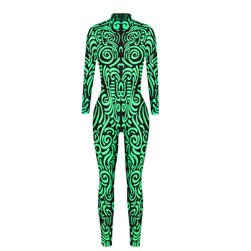 Woman Burnning Man Festival Outfit Female Party Catsuit Zentai Bodysuits Pink Green Print Costume Carnival Jumpsuit