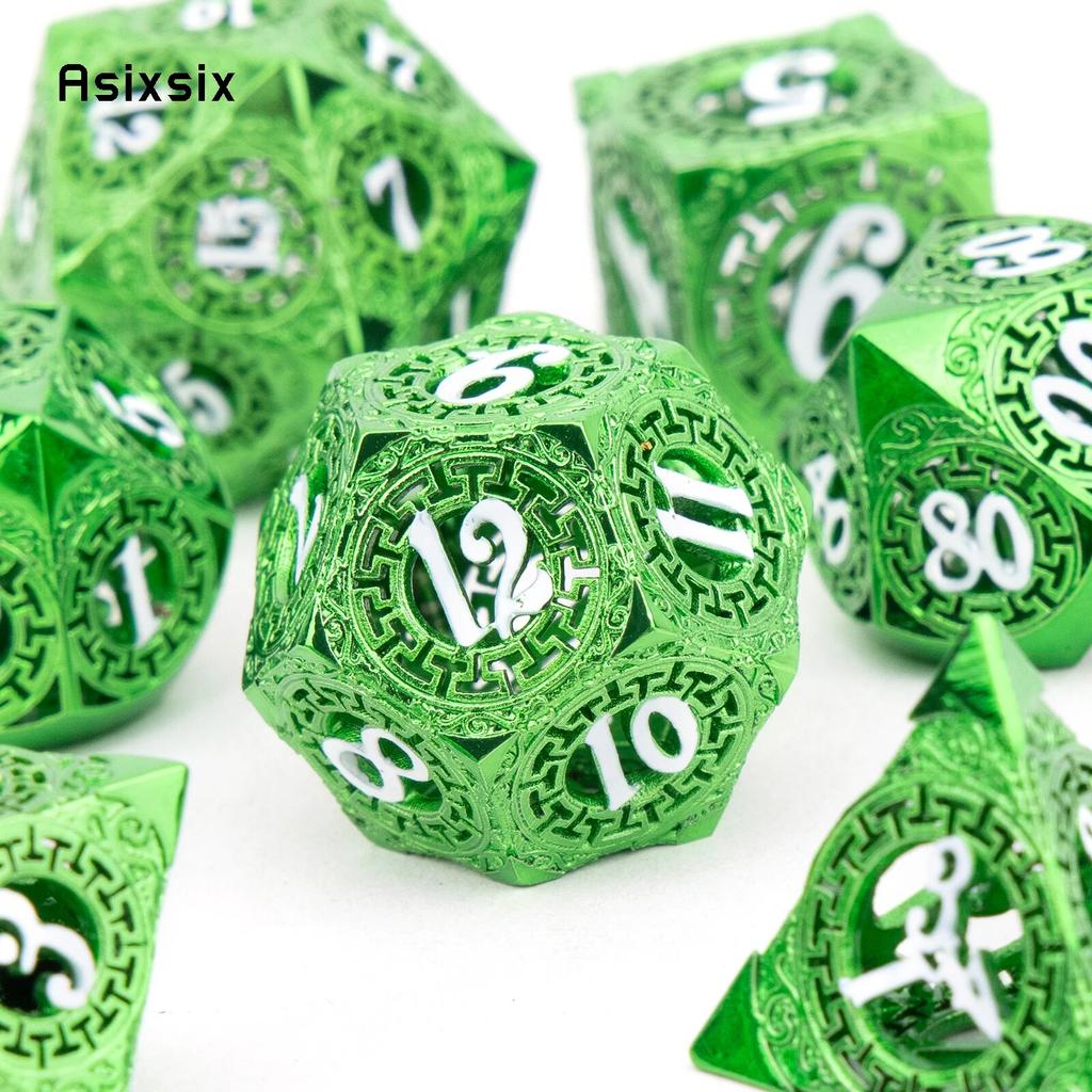 7 Pcs Green White Gear Wheel Metal Dice Hollow Metal Polyhedral Dice Set Suitable for Role-Playing RPG  Board Game Card Game