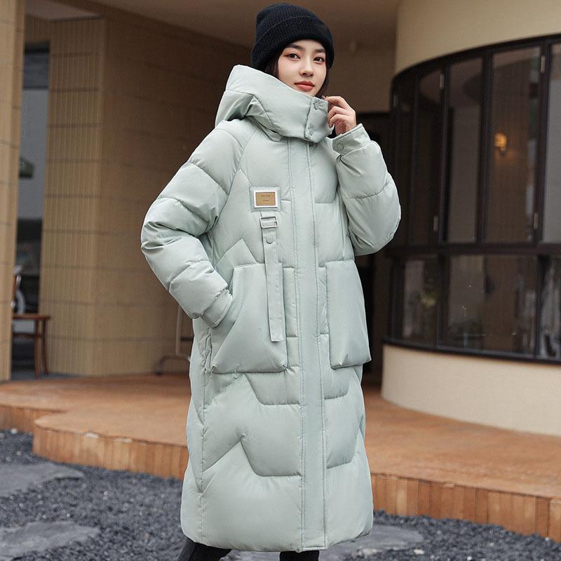 Winter Mid To Long Length Hooded Down Cotton Jacket Women's Thick Over Knee Waterproof Parka Coat Hooded Big Pocket Outercoat