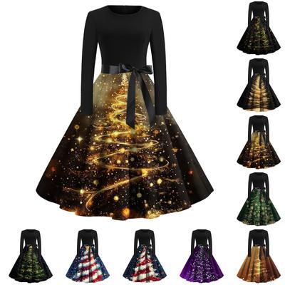 Moda feminina vintage manga longa gola redonda natal impresso vestido de festa