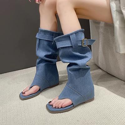 Knee High Women Cowboy Flip Flop Cool Boots Sandals Clip Toe Designer Flats Denim Blue Shoes Autumn Fashion Chaussure Female