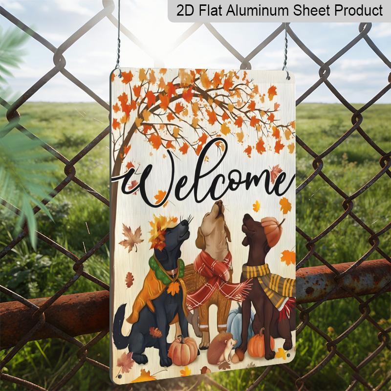 2D Flat Welcome Fall Dogs Maple Leaf Pumpkin Metal Sign - 8.0x12.0inch Aluminum Wall Art, Cute Autumn Dog Hedgehog Farmhouse Front Porch Decor