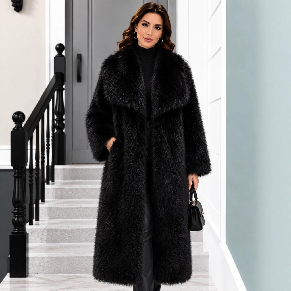European, American autumn and winter new super long knee imitation fox fur coat women's large lapel warm loose coat