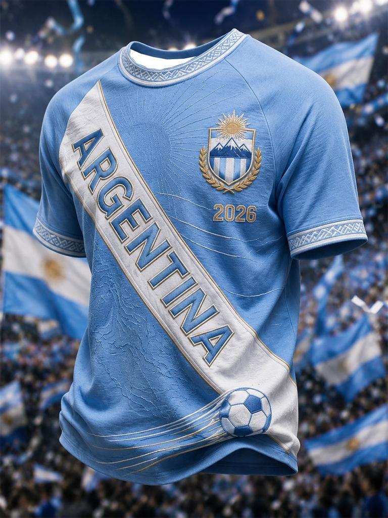 2026 Camiseta de Fútbol para Aficionados de la Selección Argentina Rayas Azules y Blancas Sol 3D Secado Rápido Deportiva Casual Camiseta para Hombre