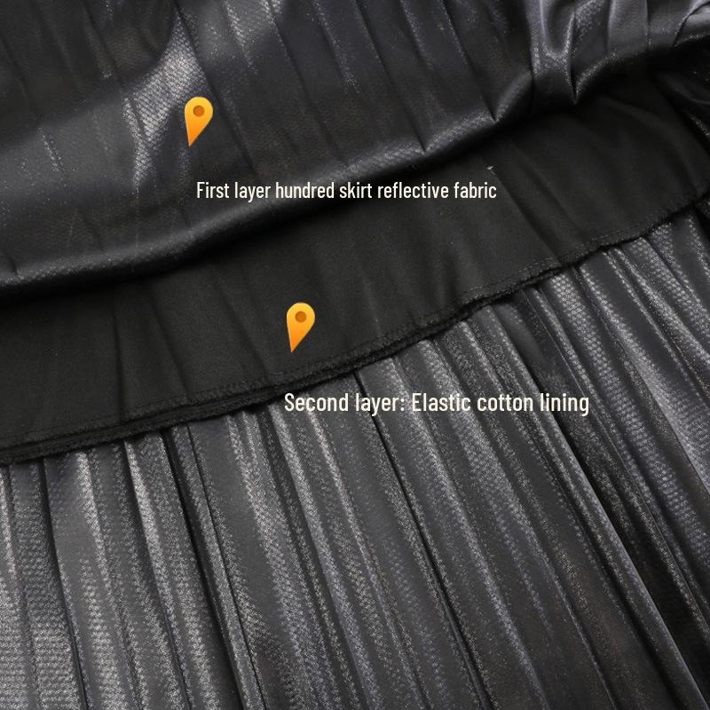 Autumn/Winter 2019 Korean High-Waist Slim Pleated A-Line Skirt with Reflective Metal Details