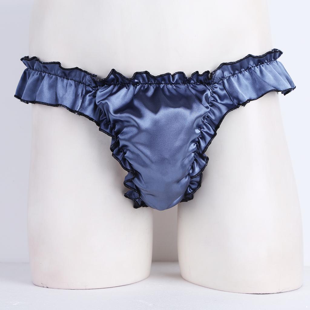 Mens Lingerie Soft Shiny Briefs Thong Panties Ruffled Frilly Sissy Bikini Briefs Thong Underwear Underpants