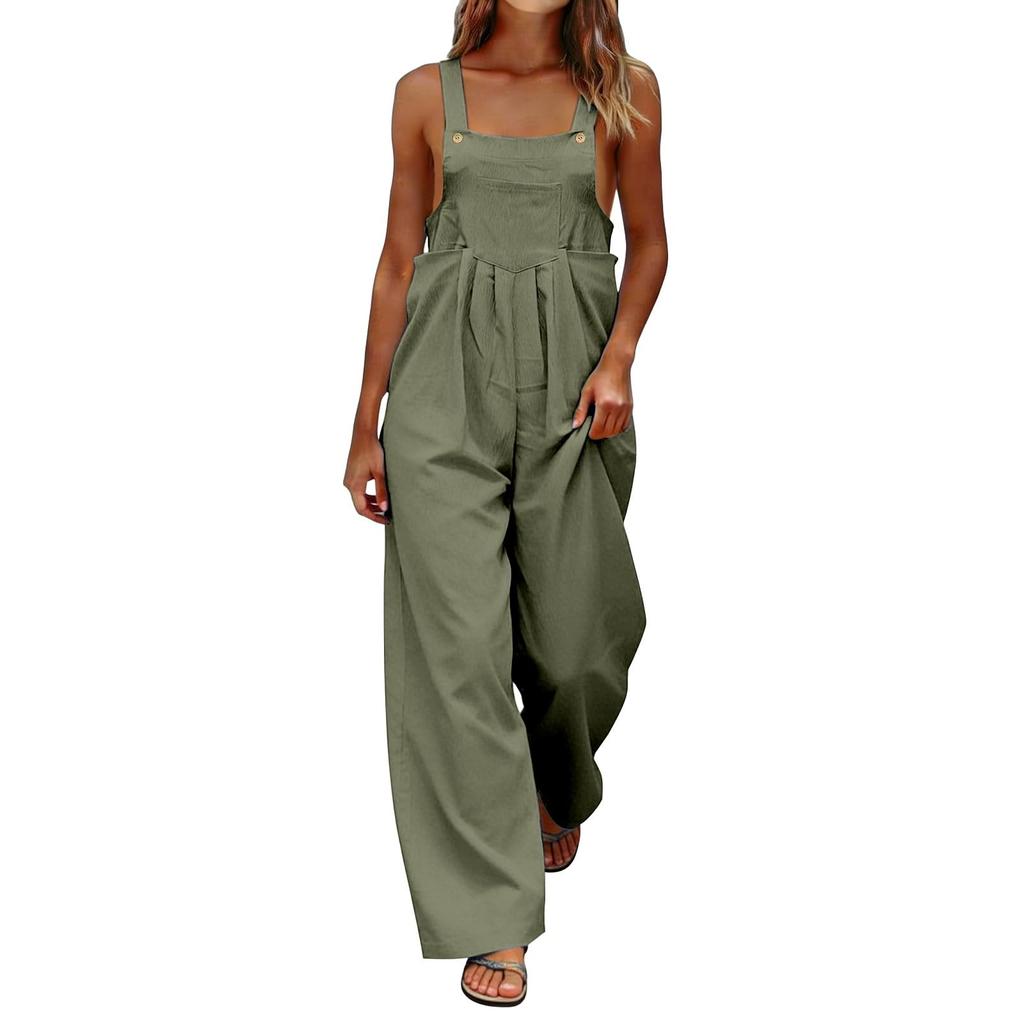Women's Fashionable Color Sleeveless Casual Wide Leg Loose Jumpsuit With Pocket