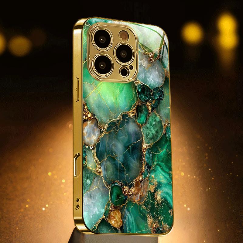 Green and gold rock patterned tempered glass phone case suitable for iPhone 17 16 15 14 13 12 11 Pro/Max/Plus shockproof