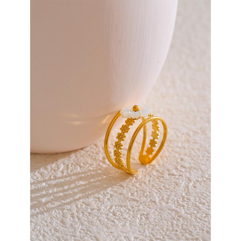 Yhpup Bague Ouverte Creuse en Métal Fleur Coquillage Naturel Acier Inoxydable Plaqué Or 18K Bijoux Sucrés Populaires
