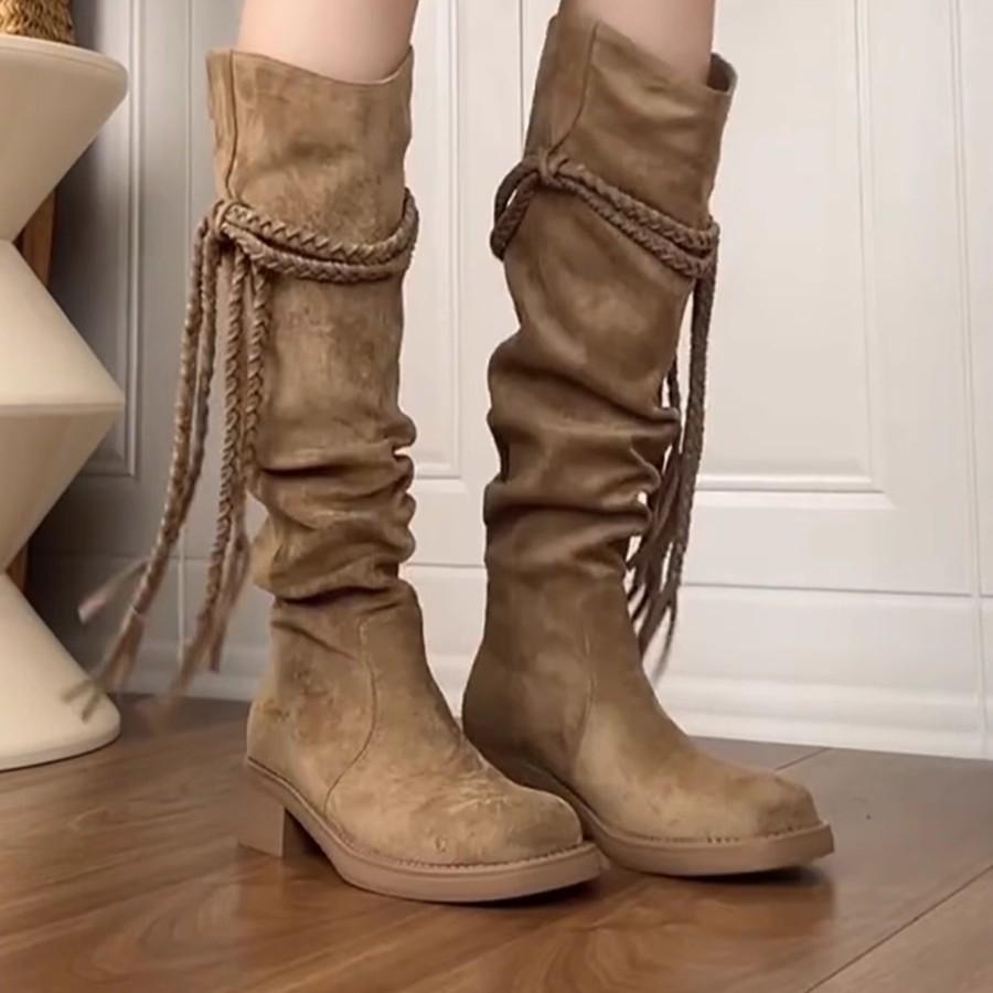 2025 Neue Sommer Grober Absatz Ödland Wind Fransen Ritterstiefel Retro Aber Kniehohe Stiefel Skinny Stapel Mittelstiefel Damen