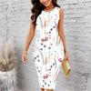 Women Plus Size Sleeveless Round Neck Midi Bodycon Dress White Base Cactus Floral Print Slim Fitted Dress