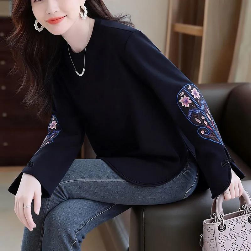 Spring and Autumn New Chinese Style Embroidered Round Neck Age-Reducing Versatile Loose Temperament Women's Mid-Length Top