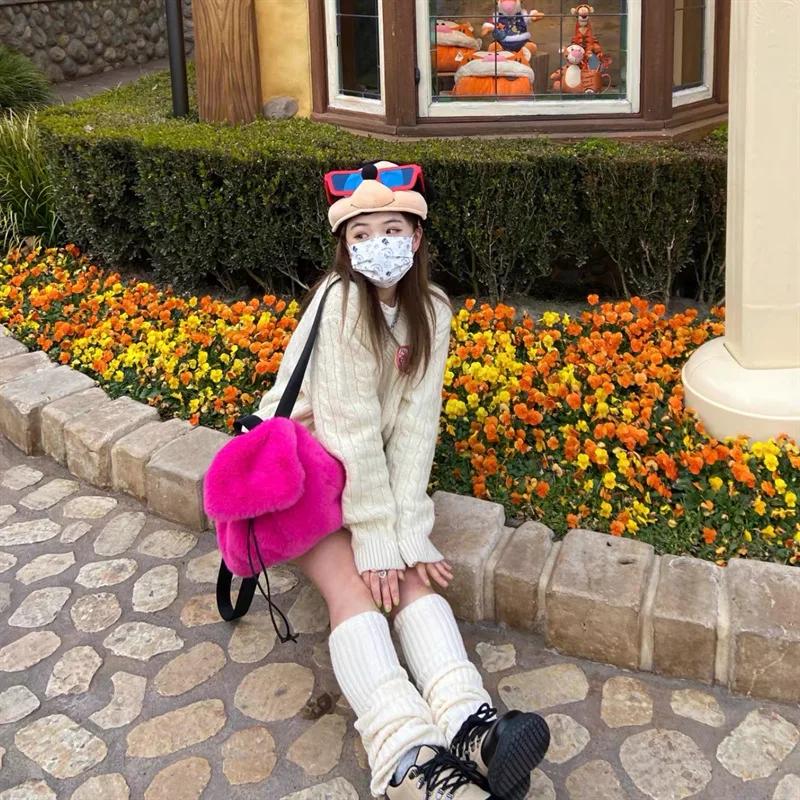 Mote Luksus Fuskepels Dame Ryggsekk Vinter Myk Plysj Dame Skolesekk Ensfarget Kvinnelig Pels Skuldervesker Håndvesker