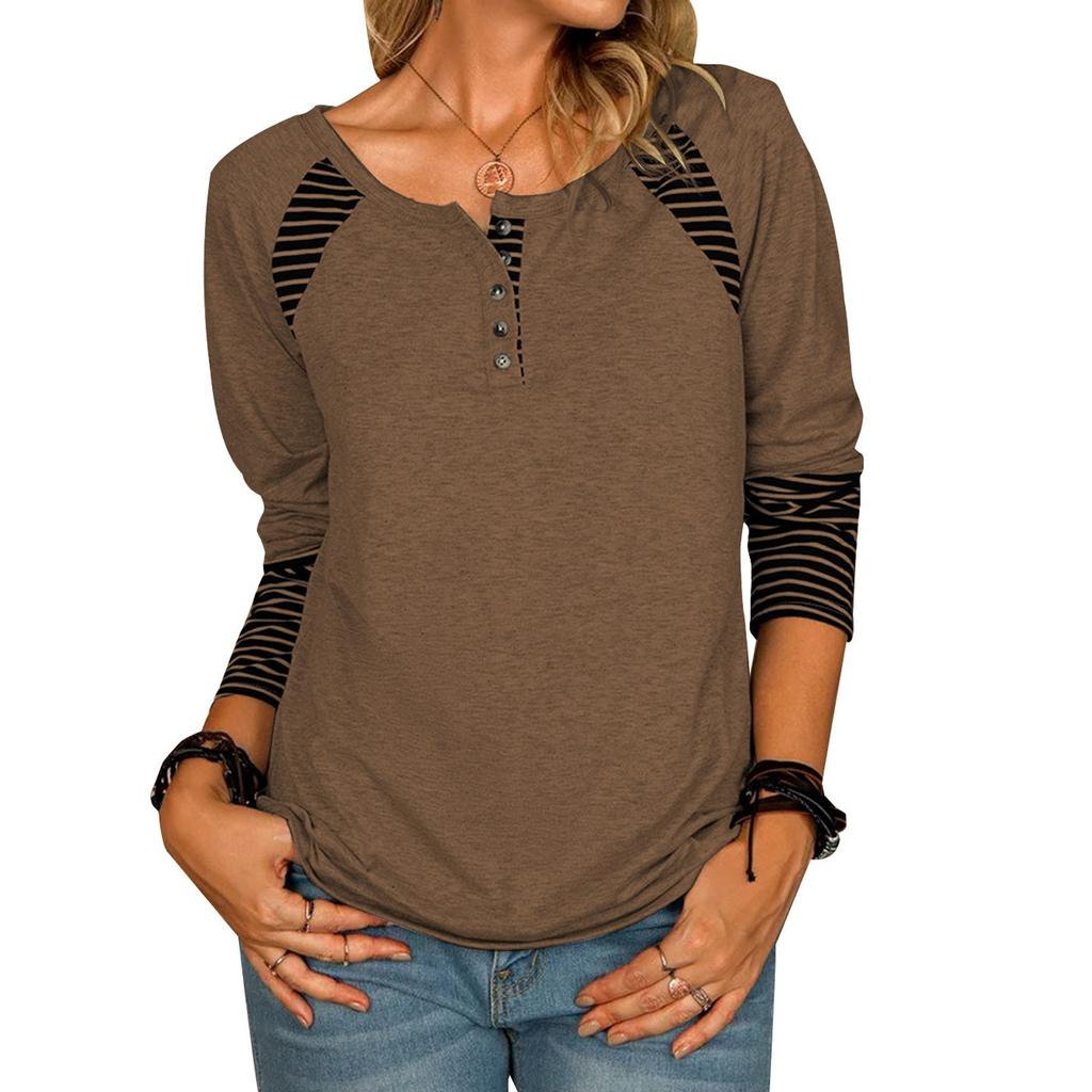 Fashion Womens Tops Casual V Neck Tunic Tops Striped Button Pullover Sweatshirt Casual T-shirt Top
