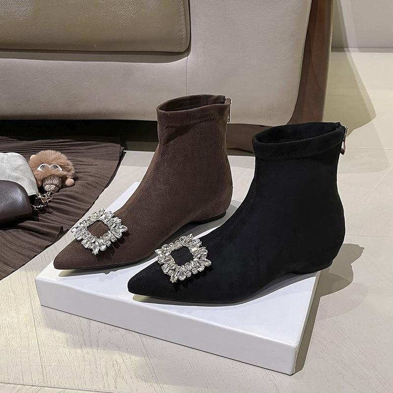 Inner heightening short boots women's spring and autumn single boots French pointed rhinestone square buckle suede versatile rear zipper short thin 
