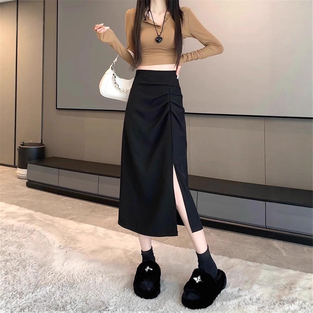 Jupe Midi fendue taille haute style français – Printemps/Été 2026 Coupe trapèze ajustée aux hanches pour femme petite taille