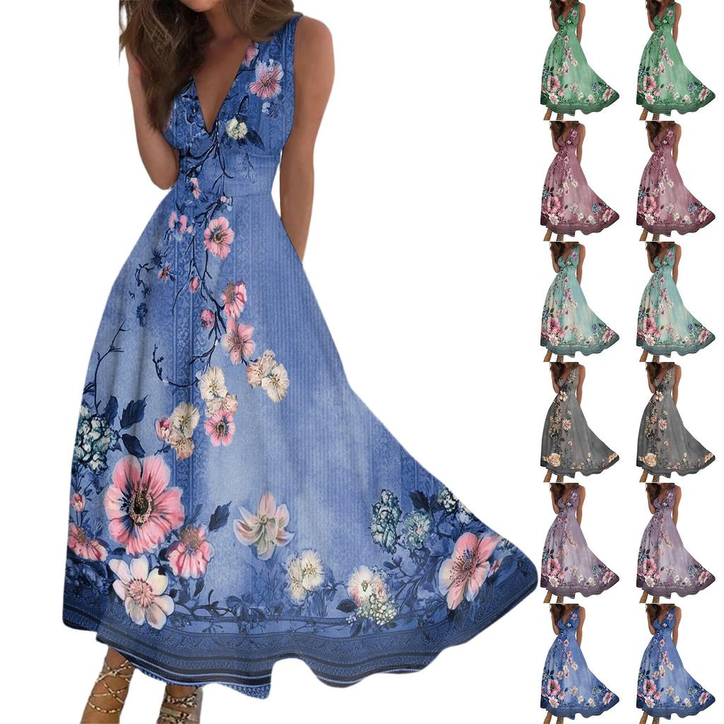 Women's Summer Fashion Retro Print V-Neck Sleeveless Long Dress