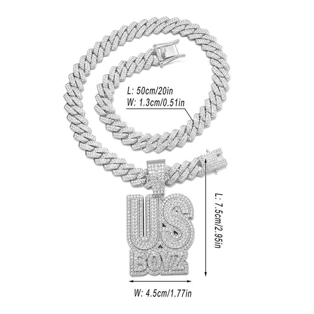 Men's Rhinestone US Boys Letter Pendant Necklace With 13mm Iced Out Bling Square Cuban Chain Charm Fashion Hip Hop Men Jewelry