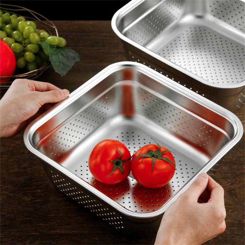 Quadratischer Edelstahl Gemüse Obst Abtropfkorb Küche Reissieb Filter Waschbecken Speise Servier Aufbewahrungs Tablett Behälter
