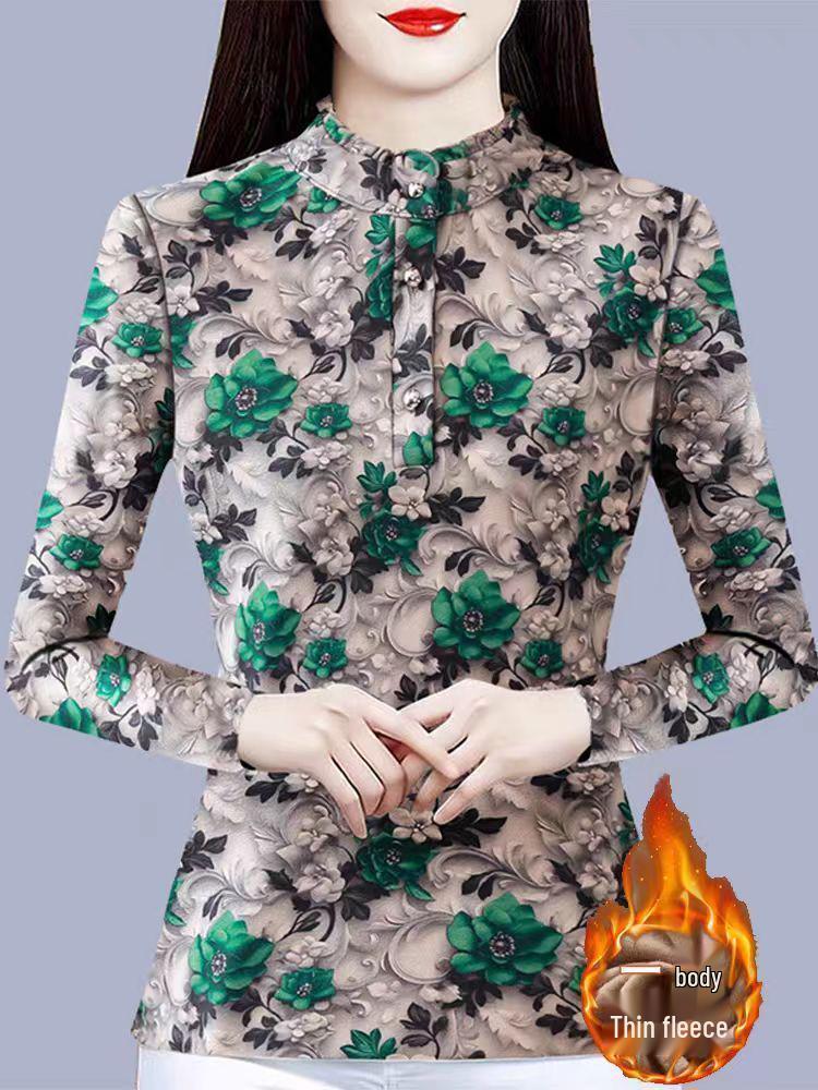 Neues Blumen-Stehkragen-Knopf-Oberteil - Fleecefutter Langarm für Frauen mittleren und höheren Alters, perfekt für Herbst/Winter