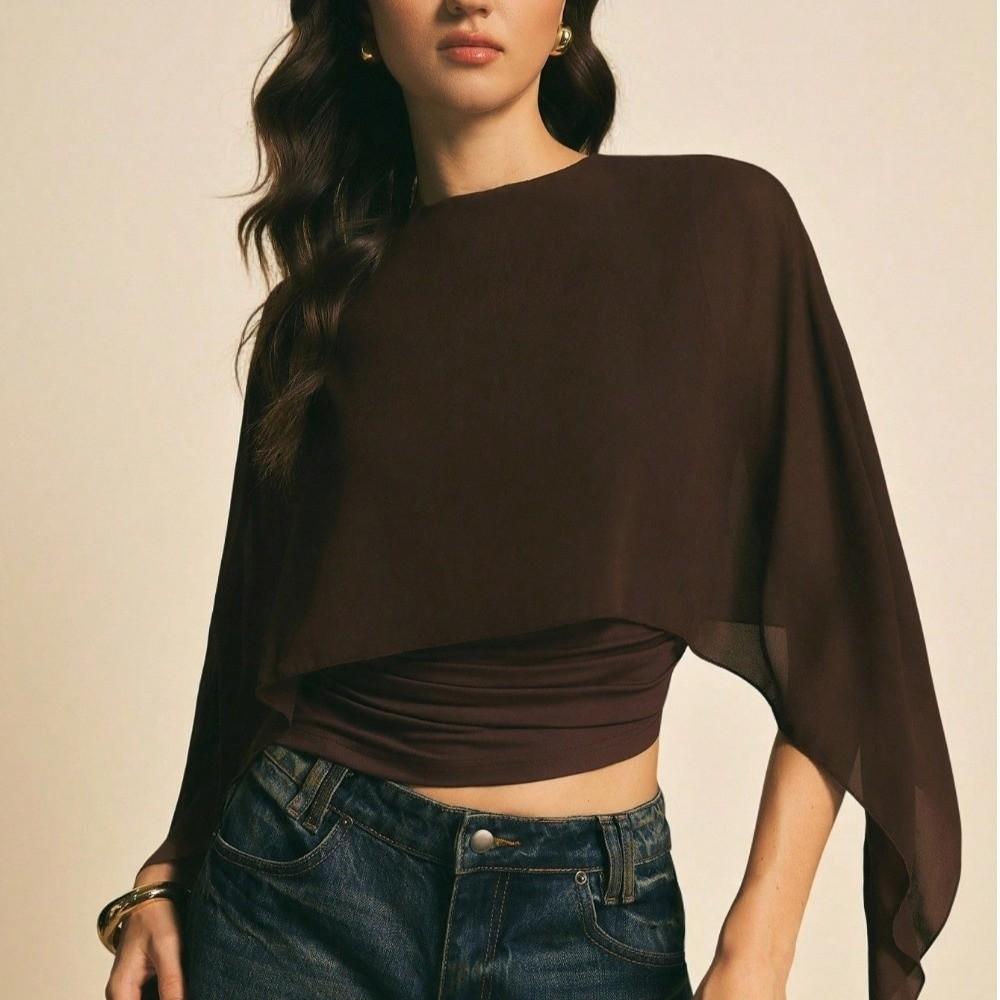 Ruched Waist Cape Sleeve Top Round Neck False Two-Piece Tops Batwing Sleeve Top Summer Wear