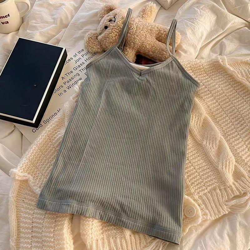 

Women Solid Striped Beautiful Back Camisole Vest Integrated Chest Pad Korean Style Hot Girl Base Layer Top one size