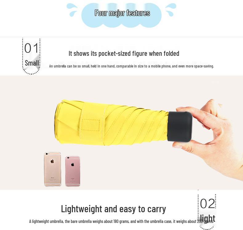 Ultralight Compact Women's Five-Fold Pocket Umbrella with Black Glue Sun Protection