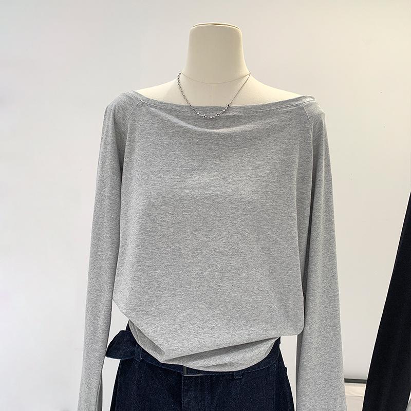 Women's Off-Shoulder Black Cotton Long-Sleeve T-Shirt, 2025 Spring/Autumn/Winter Collection