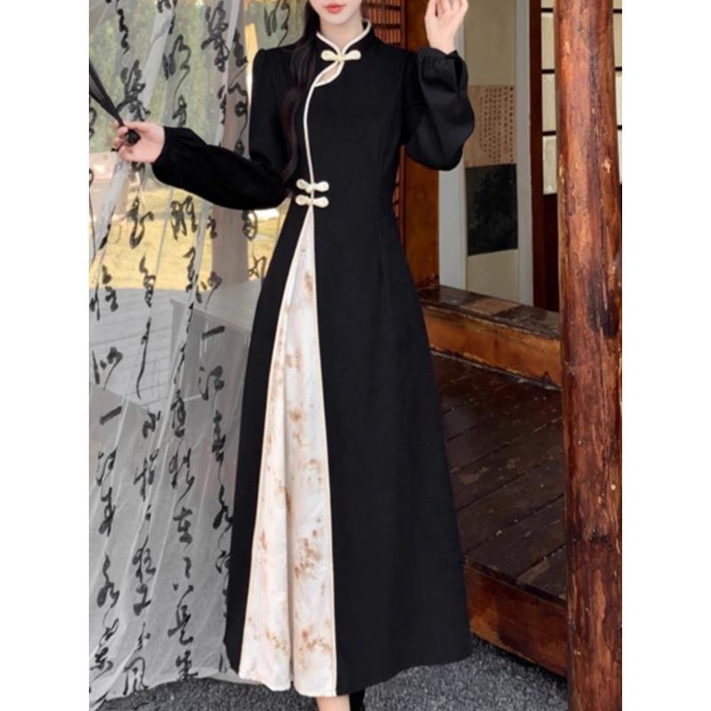 New Year Cheongsam with Frog Buttons: Women's Plus Size Long Dress with Patchwork and Dark Patterns