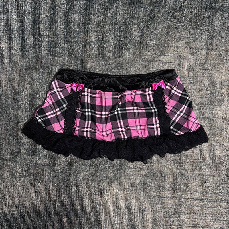 Dunkelrosa & Schwarzer Karopunkt-Spitzen-Rüschensaum Kurzer Rock - Heißer Mädchen-Streetstyle Vielseitig tragbar