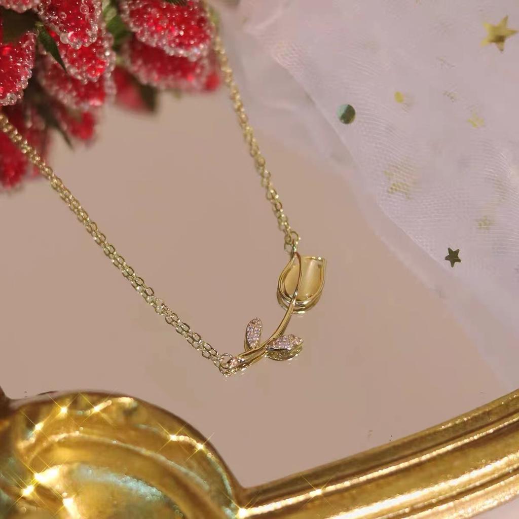 Elegant Vintage Rose Tulip Crystal Choker Necklace for Women Wedding Jewelry Cute Pendant Chain Lady Party Neck Accessories Gift