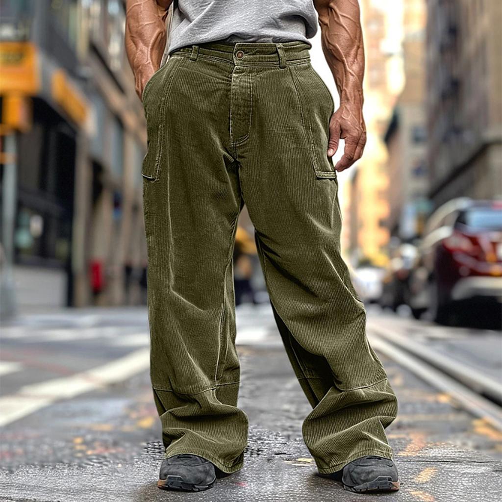 Men's Loose Casual Solid Color Corduroy Trousers Pocket Elastic Waist Straight Trousers